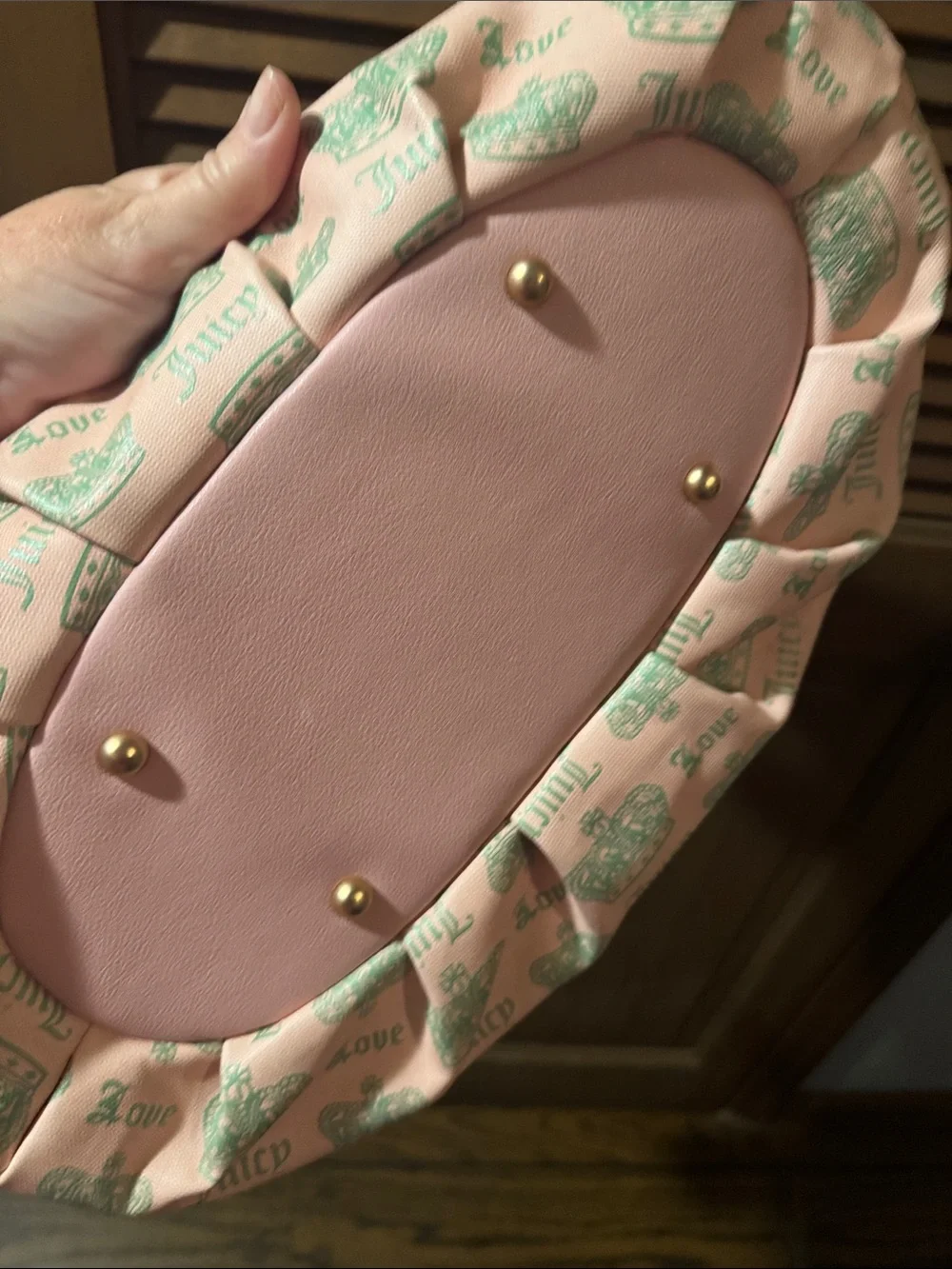 Juicy Couture Pink Shoulder Bag with Green Logo Print and Bow Charm